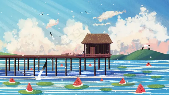 夏日小暑湖上小茅屋治愈风景