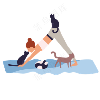 手绘卡通做瑜伽女孩和宠物猫,免抠元素