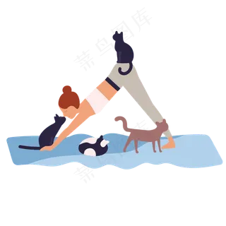 手绘卡通做瑜伽女孩和宠物猫,免抠元素