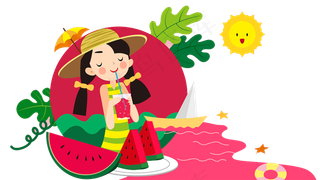 粉色系扁平风立夏西瓜女孩