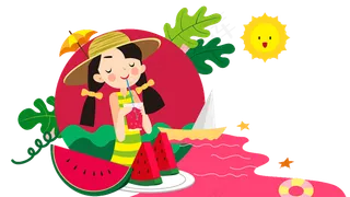 粉色系扁平风立夏西瓜女孩