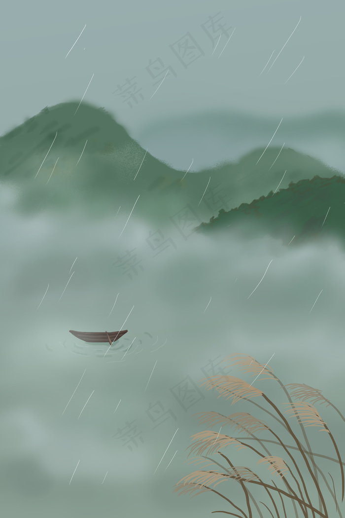 节气谷雨绵绵青山雨 清新插画