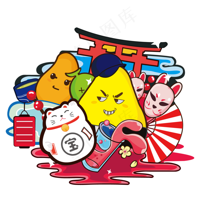 日式夏日水果组合插画