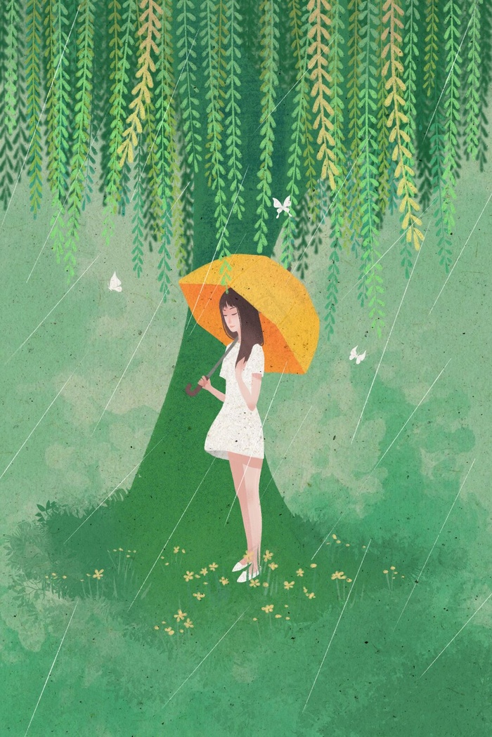 雨天女孩站在柳树下(3545X5315(DPI:300))psd模版下载