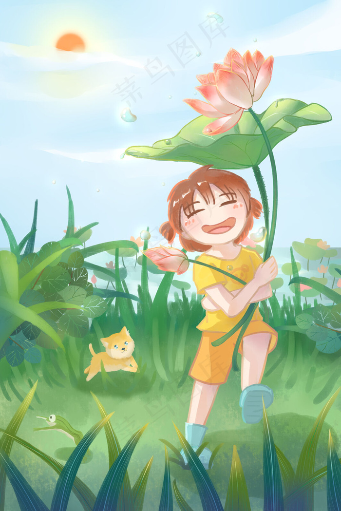 立夏小女孩拿着荷花奔跑玩耍(3545X5315(DPI:299))psd模版下载