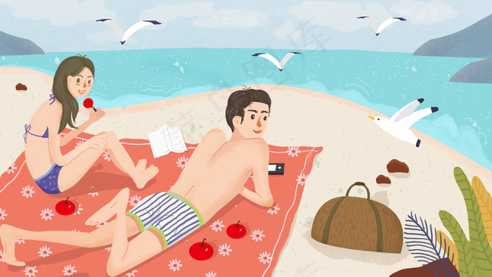 夏天海边游玩手绘插画