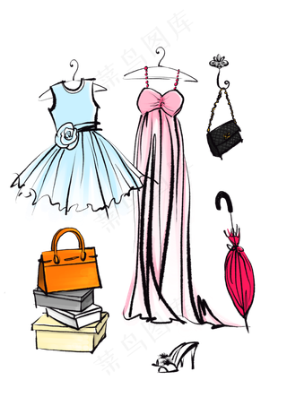 3.8妇女节时尚简笔卡通礼服奢侈品,免抠元素
