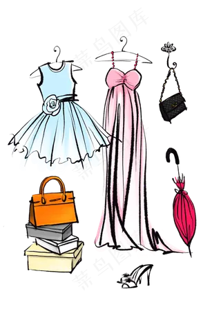 3.8妇女节时尚简笔卡通礼服奢侈品,免抠元素