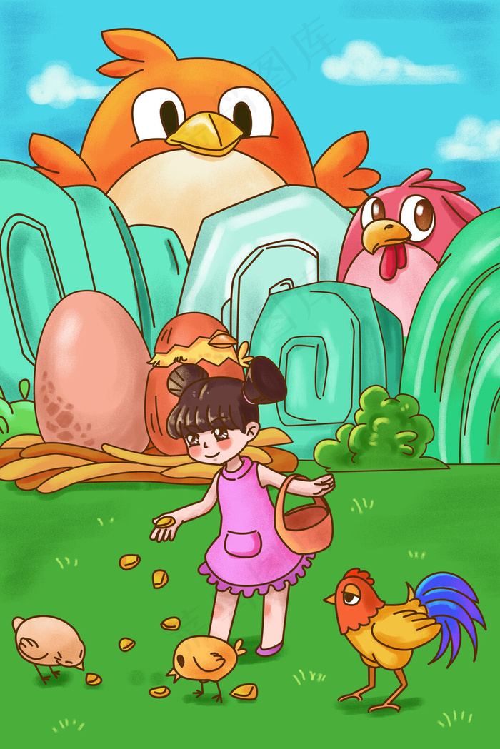 卡通手绘乡村童话之鸡山喂鸡插画