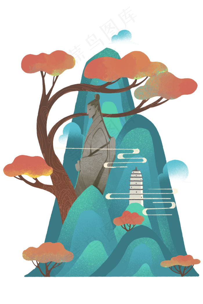 中国式山水装饰青山红叶宝塔佛像