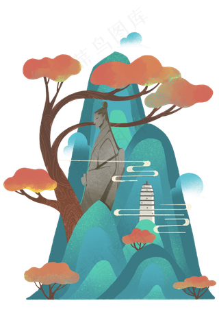 中国式山水装饰青山红叶宝塔佛像