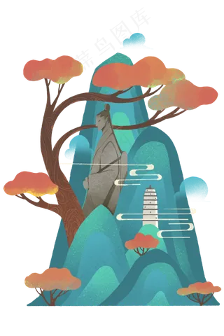 中国式山水装饰青山红叶宝塔佛像