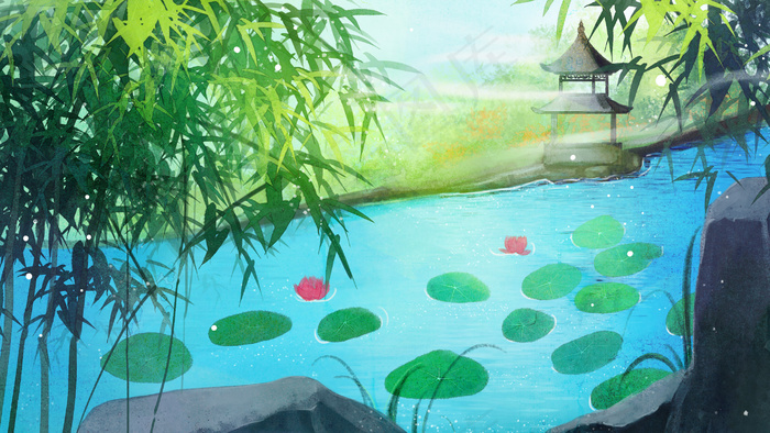 水墨古风夏季风景