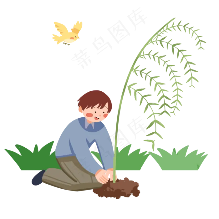 清明节植树的小男孩