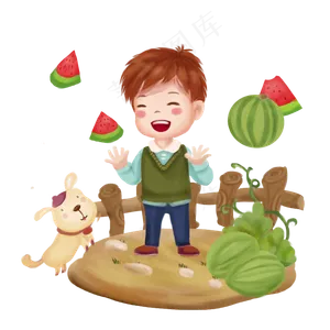水果系列快乐小男孩吃西瓜