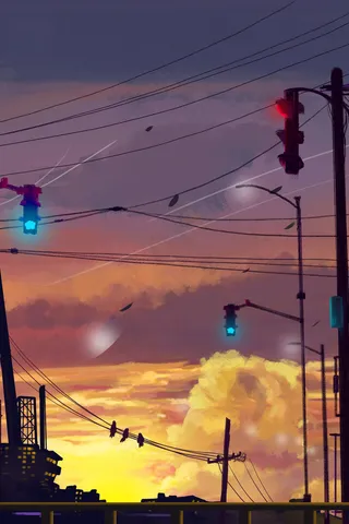 治愈唯美夏至夏景春天日系电线电杆日出天空