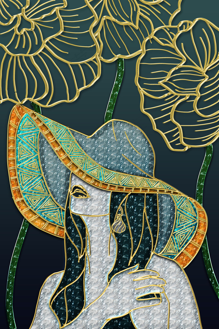 清新现代草帽少女花卉蓝白橙多彩现代风晶瓷珐琅画(800*3584px)psd模版下载