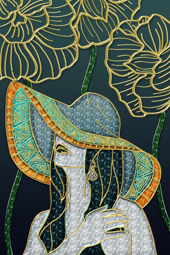 清新现代草帽少女花卉蓝白橙多彩现代风晶瓷珐琅画