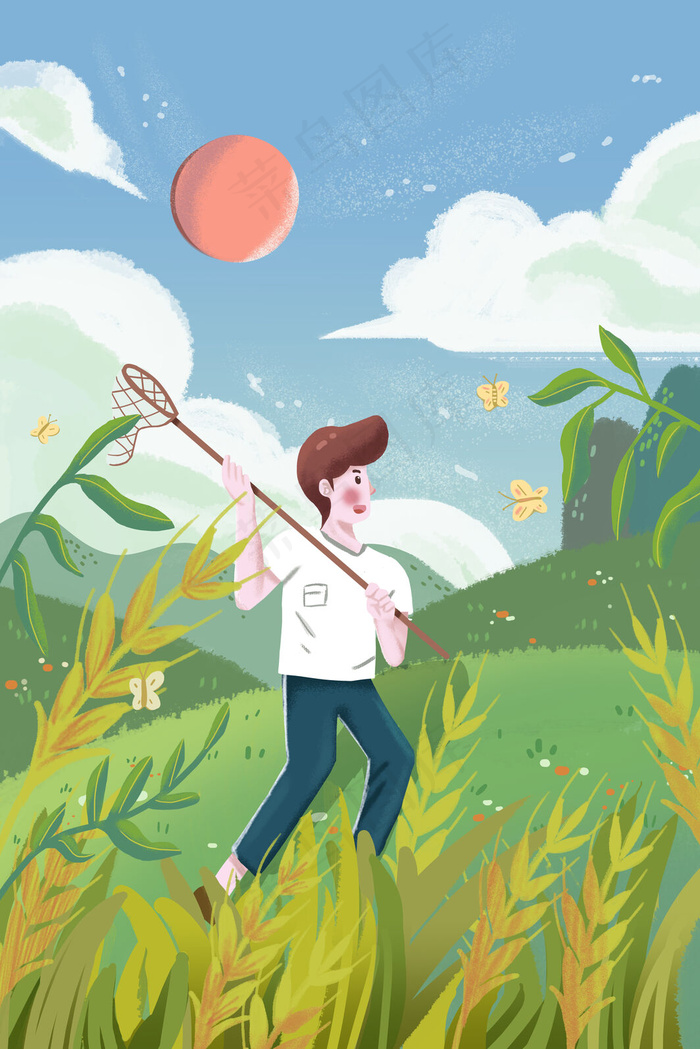 24节气小满夏季森林男孩卡通扁平插画