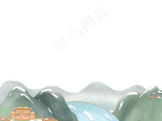 冬日装饰边框冬天中国风建筑山水,免抠元素