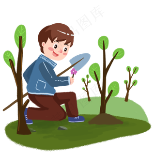 植树节男孩持铁锹快乐植树手绘人