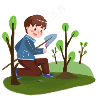 植树节男孩持铁锹快乐植树手绘人