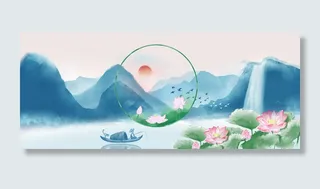 复古中国风六月荷花风景图