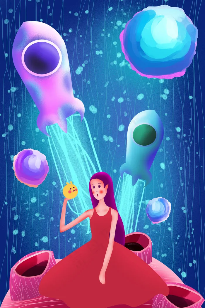 探险少女的太空之旅(3545*5315px 300 dpi )psd模版下载