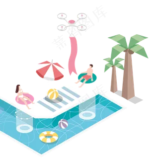 2.5D卡通手绘夏日游泳戏水的男女