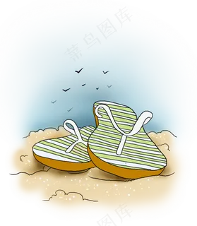 手绘海边沙上的拖鞋