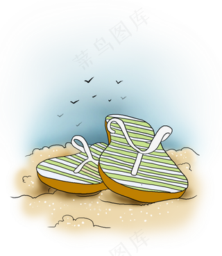 手绘海边沙上的拖鞋