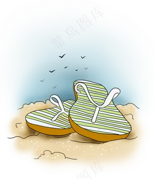 手绘海边沙上的拖鞋