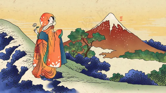 浮世绘远山美人景