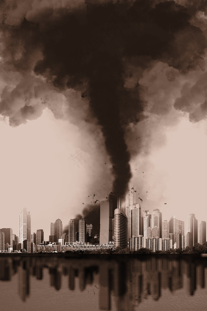 台风来袭水墨乌云龙卷风城市背景