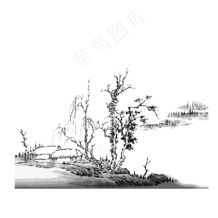 水墨山水国画线条东方意境PNG,免抠元素(2000X2000(DPI:200))psd模版下载