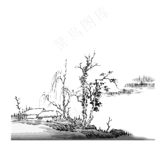 水墨山水国画线条东方意境PNG,免抠元素