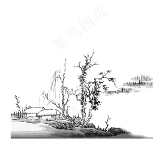 水墨山水国画线条东方意境PNG,免抠元素