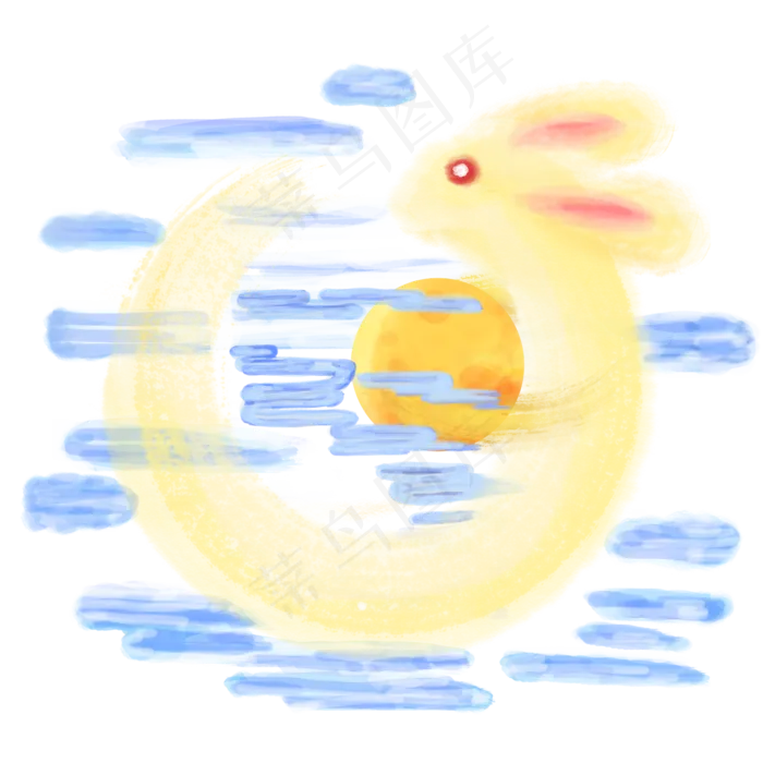 中国风水墨水彩中秋节抱月的兔子(2000X2000(DPI:300))psd模版下载