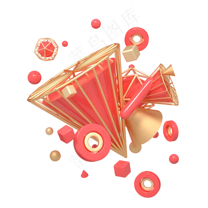 C4D红色红金色618装饰几何球圆锥立,免抠元素(2000*2000px 300 dpi )