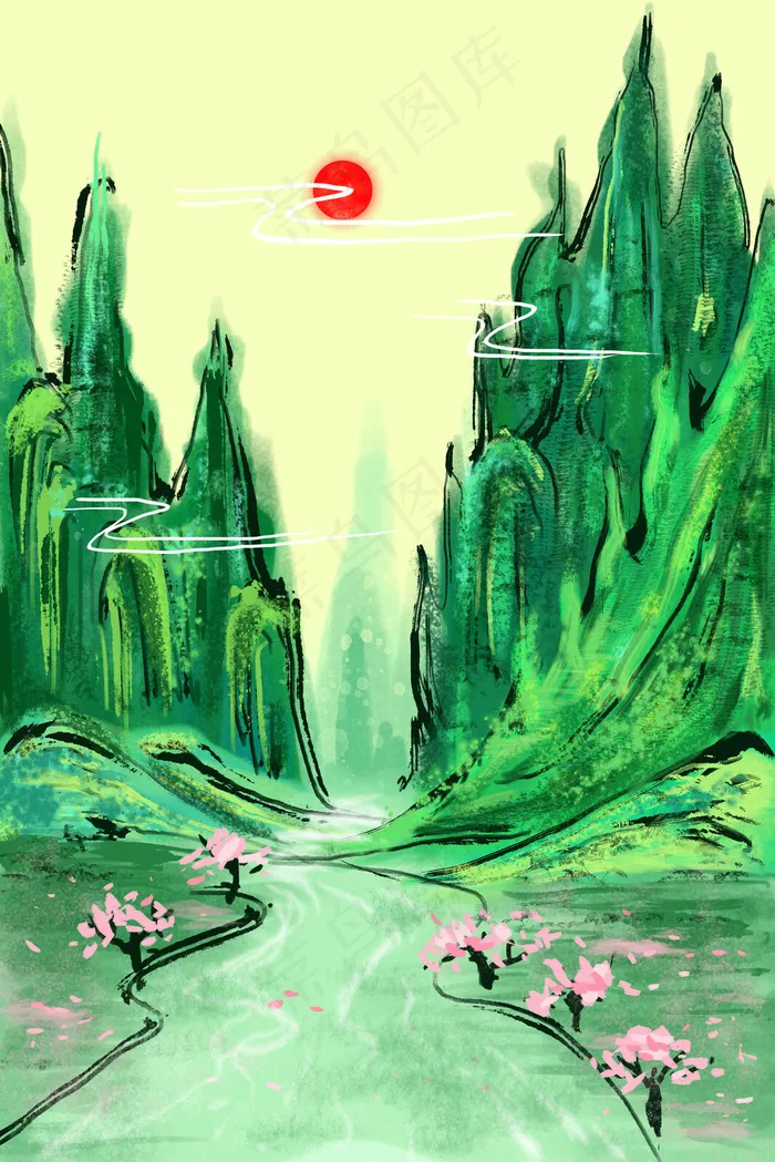 夏至立夏夏天山水河流风景绿色系水墨风手绘