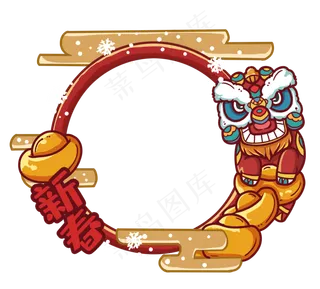 红色舞狮子头像边框,免抠元素