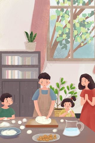 节日全家一起做月饼水饺之类场景