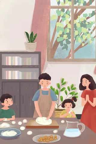 节日全家一起做月饼水饺之类场景