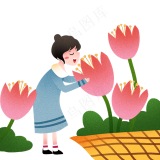 踏青闻鲜花的女孩