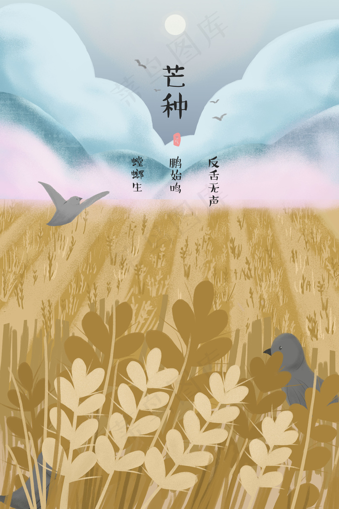 芒种二十四节气麦田原创插画