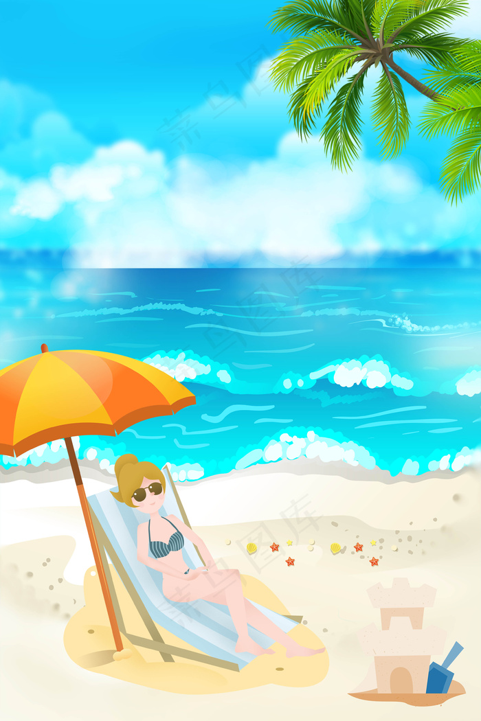 美女沙滩度假背景海报
