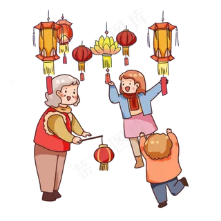 家人新年逛灯会猜灯谜,免抠元素