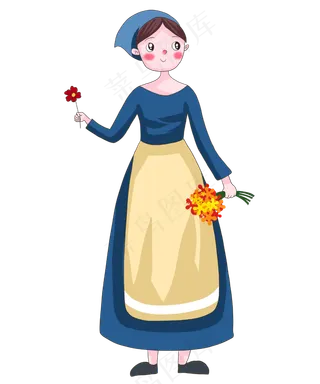 手绘捧花的洋装少女