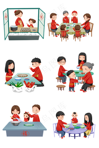 元宵节可爱卡通娃娃一家人吃汤圆,免抠元素