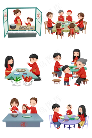 元宵节可爱卡通娃娃一家人吃汤圆,免抠元素